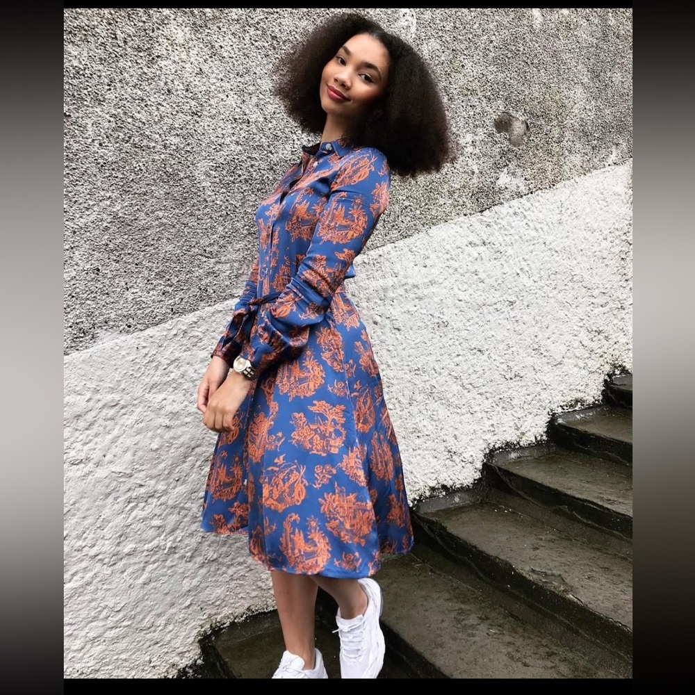 WOOD‎ WOOD Women's Belinda Dress Blue Long Sleeve Printed Shirt Dress- Size 2